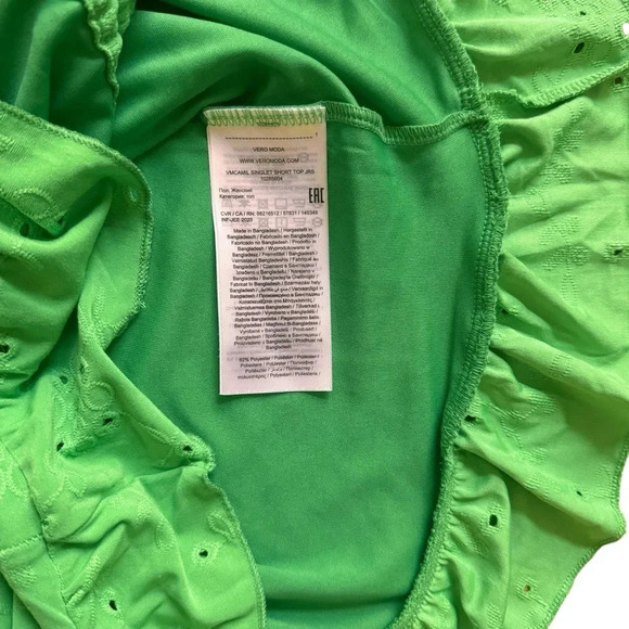 Vero Moda Green Crop Top Tank Eyelet Spaghetti Straps smocked ruffle Size L - Picture 8 of 10